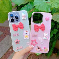 Ốp IP 15 Pro Max lưng nhũ kim tuyến sticker nổi cún nơ hồng