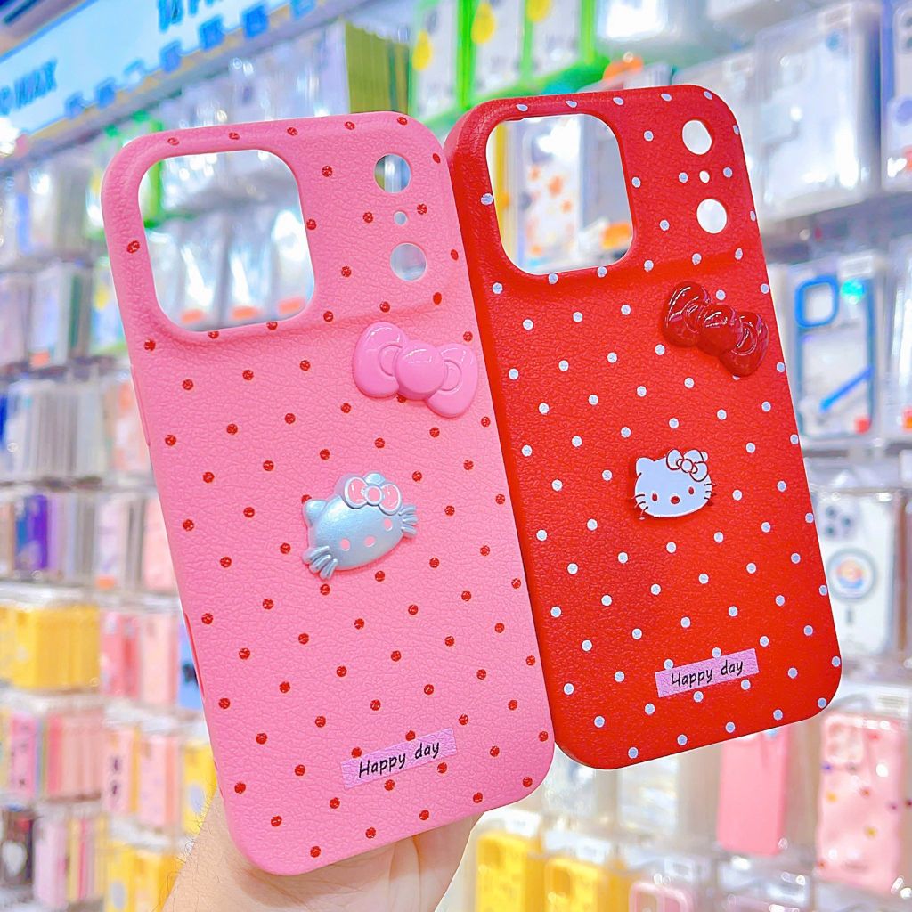 ** Ốp IP 17 Pro Max vân sần chấm bi sticker nổi Kitty và nơ