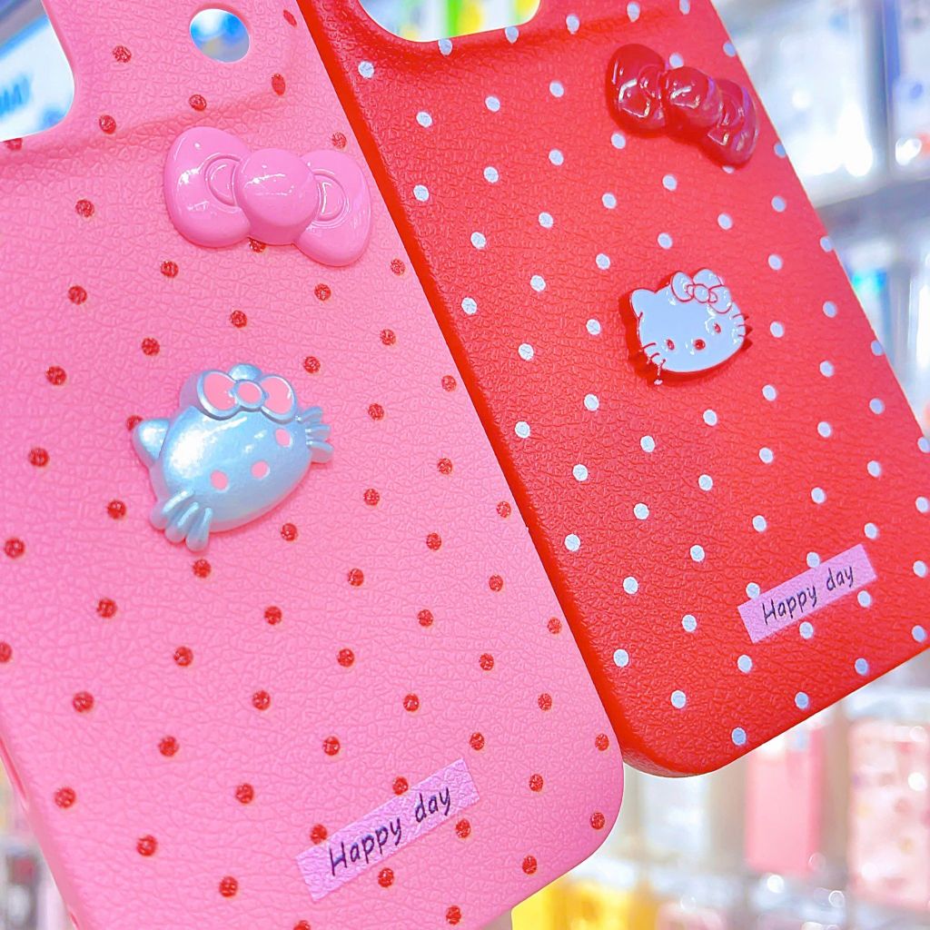 ** Ốp IP 17 Pro Max vân sần chấm bi sticker nổi Kitty và nơ