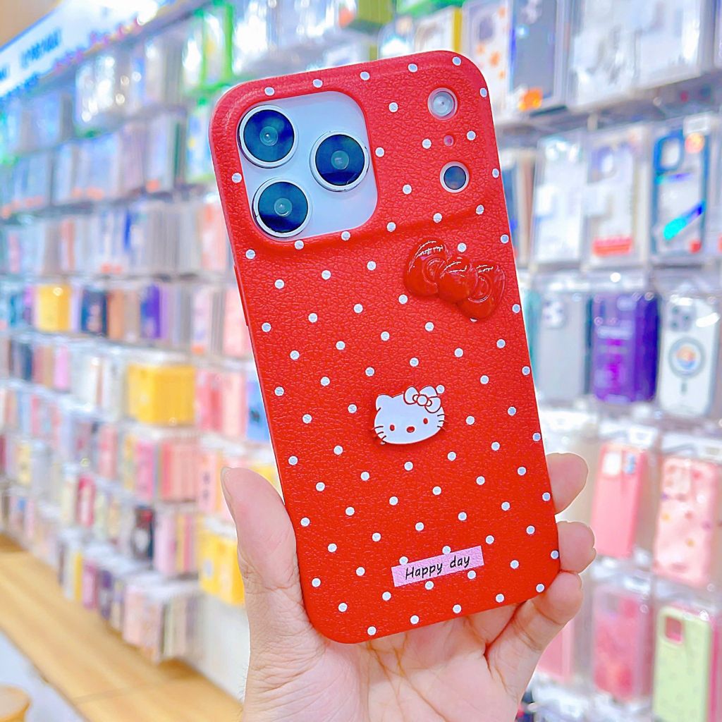 ** Ốp IP 17 Pro Max vân sần chấm bi sticker nổi Kitty và nơ