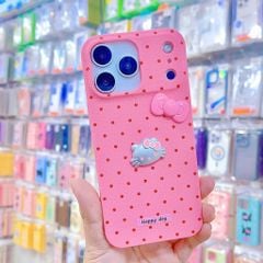 ** Ốp IP 17 Pro Max vân sần chấm bi sticker nổi Kitty và nơ