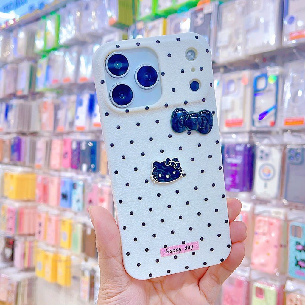 ** Ốp IP 17 Pro Max vân sần chấm bi sticker nổi Kitty và nơ