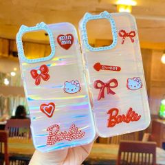 ** Ốp IP 15 Plus lưng thạch anh viền Kitty charm đỏ