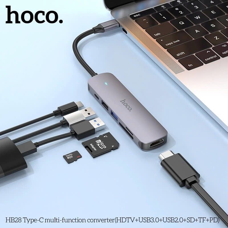 Hub Type C sang Hdmi + 2U + SD/TF + PD Hoco HB28