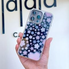 ** Ốp IP 16 Pro Max hoa đào nền đen viền dẻo xi bạc