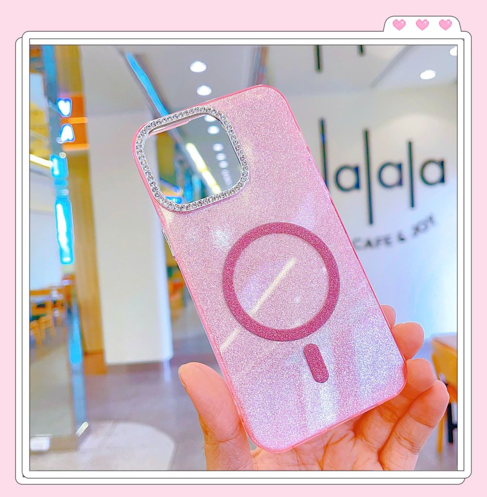 ** Ốp IP 15 Pro Max nhũ kim tuyến camera đính đá magsafe