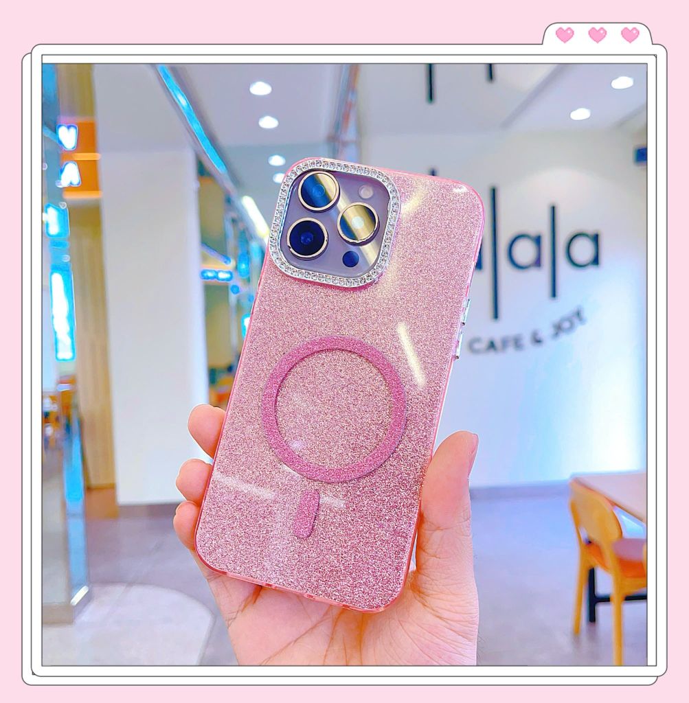 ** Ốp IP 15 Pro Max nhũ kim tuyến camera đính đá magsafe