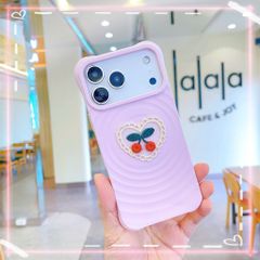 ** Ốp IP 17 Pro Max silicon vân sóng tròn đính cherry tim ren