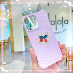 ** Ốp IP 12 Pro Max silicon vân sóng tròn đính cherry tim ren