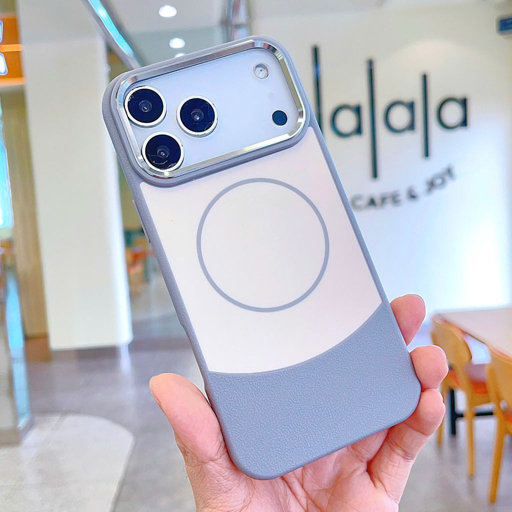 ** Ốp IP 17 Pro Max phối vân da viền camera bạc magsafe