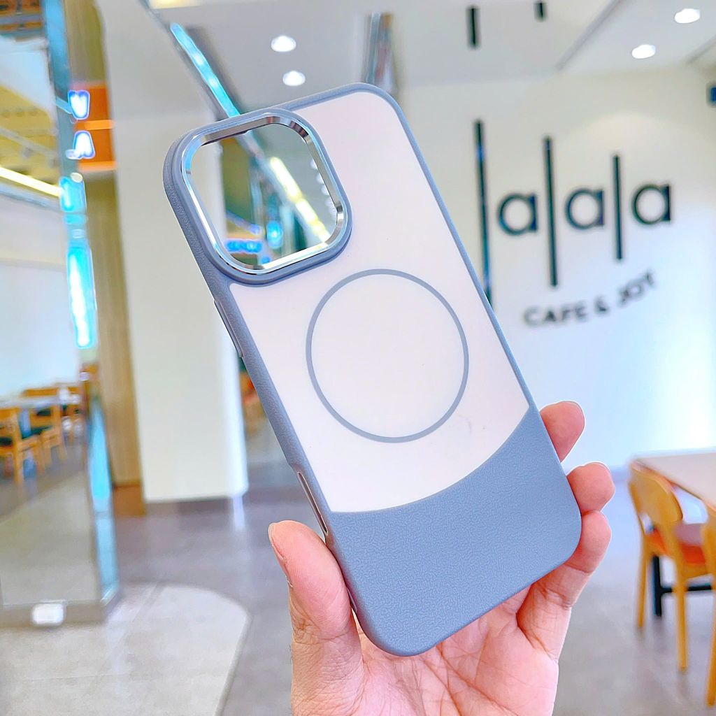 ** Ốp IP 12 Pro Max phối vân da viền camera bạc magsafe