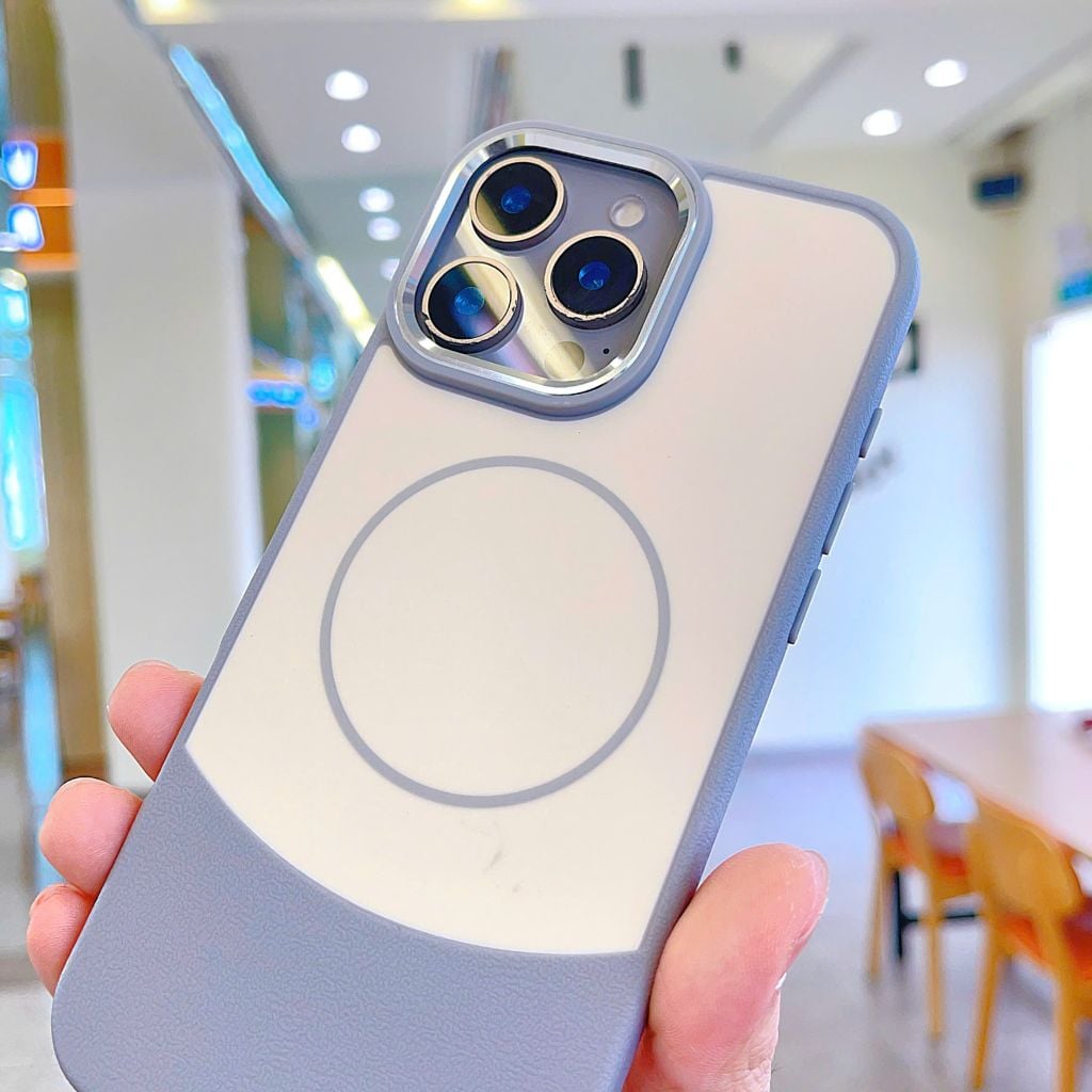 ** Ốp IP 14 Pro Max phối vân da viền camera bạc magsafe
