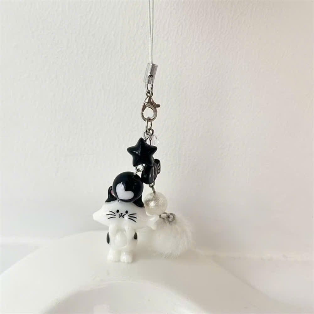 ** Móc khóa mèo đầu cá ngang kèm charm bông