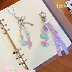 ** Móc khóa/dây đeo điện thoại sao biển kim tuyến dây vải caro tím