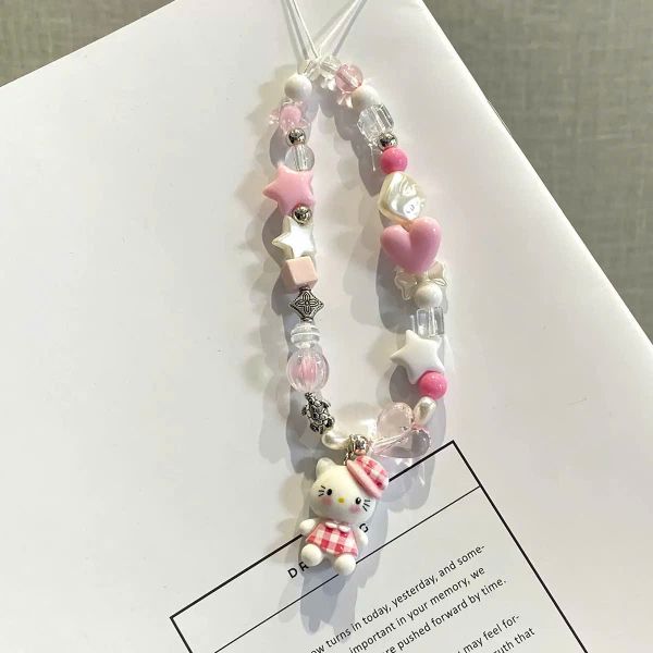 ** Dây đeo điện thoại Kitty nón caro hồng charm sao
