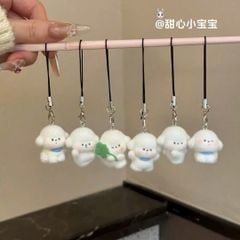 ** Dây đeo điện thoại cún trắng phủ lông cỏ 4 lá/yếm xanh