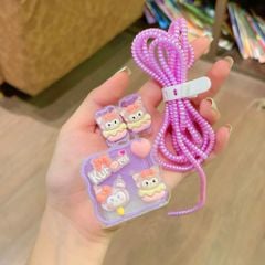 ** Combo bảo vệ cóc, cáp sạc và dây quấn Kuromi nơ hồng