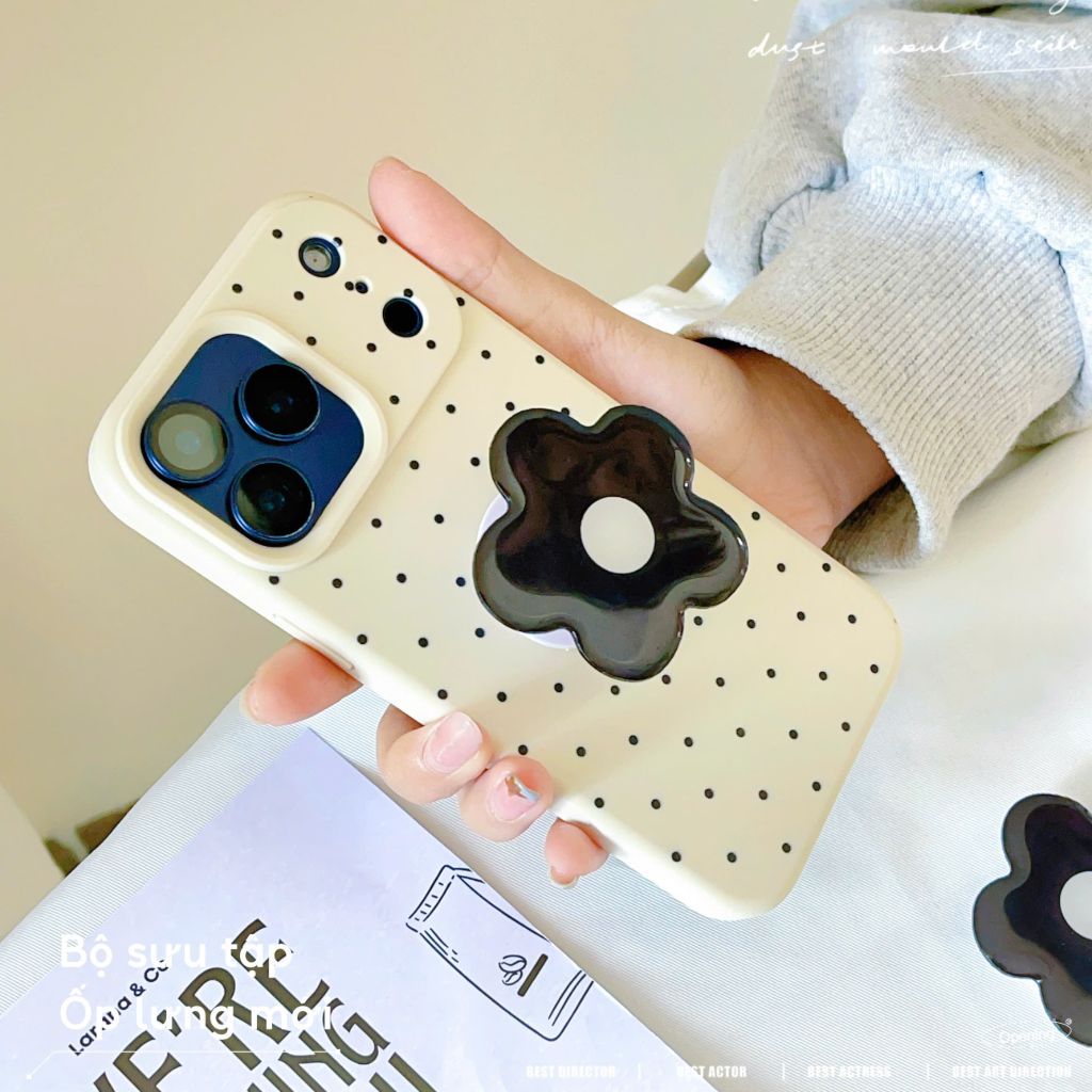 ** Ốp iPhone 17 Pro Max dẻo nền be chấm bi kèm pop hoa