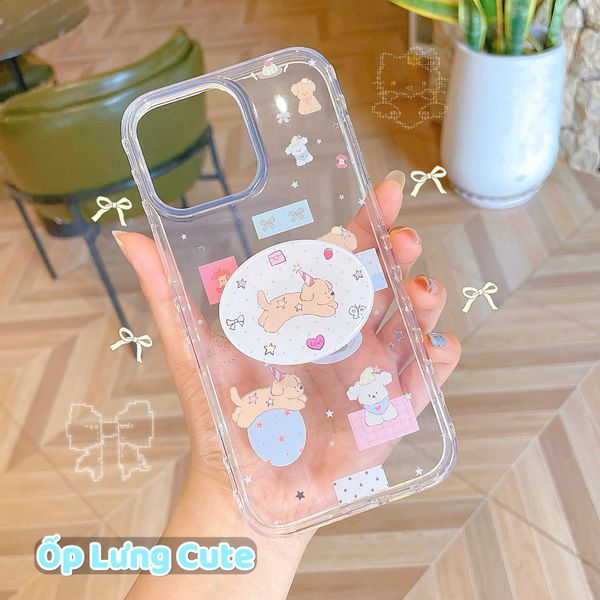 ** Ốp iPhone 16 Pro lưng trong viền tim 3 cún kèm pop cún nâu