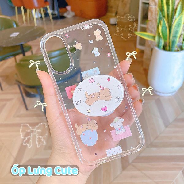 ** Ốp iPhone 16 6.1 lưng trong viền tim 3 cún kèm pop cún nâu