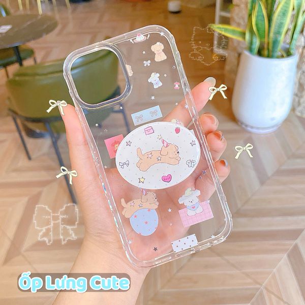 ** Ốp iPhone 14 Pro lưng trong viền tim 3 cún kèm pop cún nâu