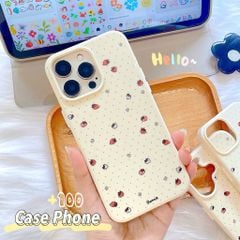 ** Ốp iPhone 16 Pro Max dẻo nền kem chấm bi in quả dâu