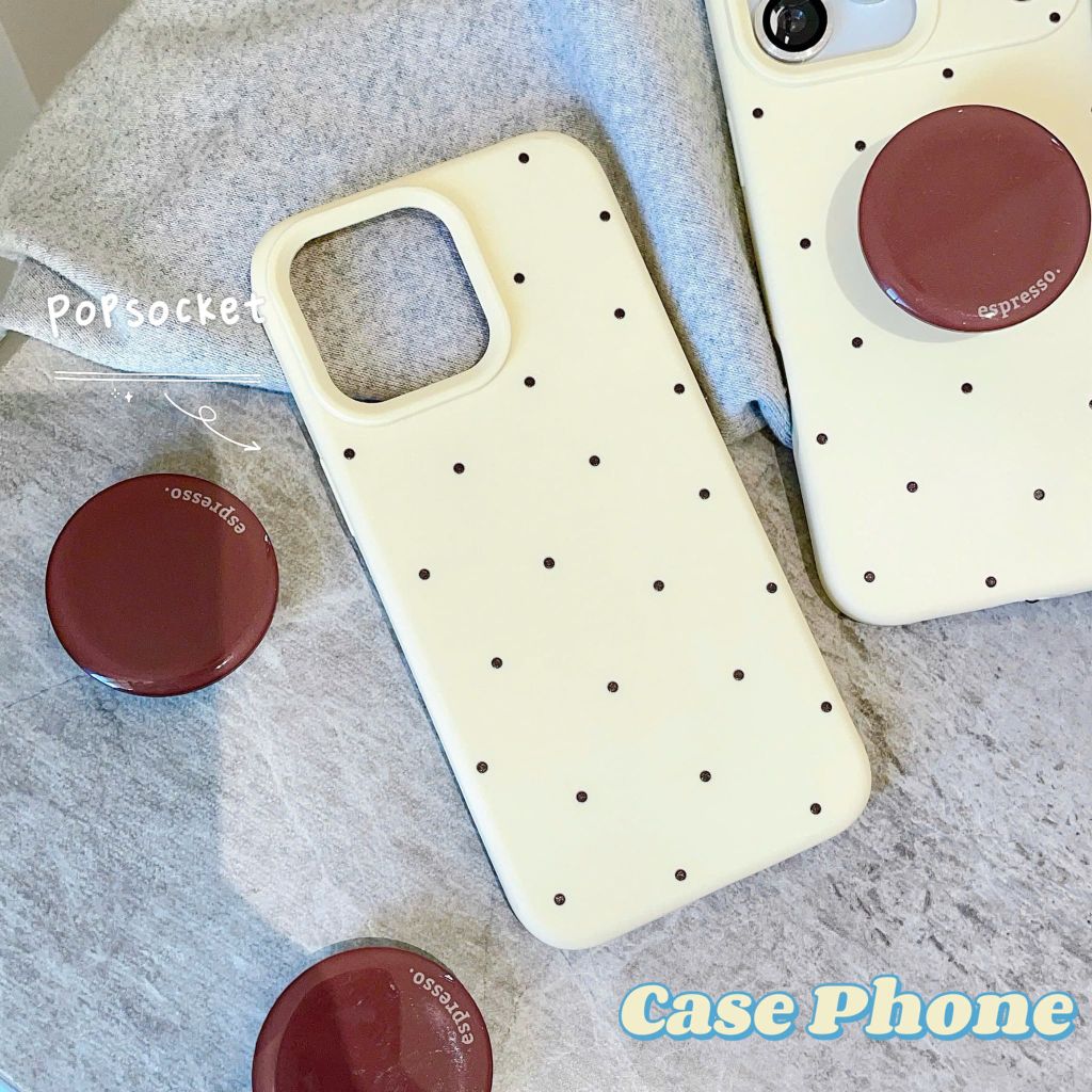 ** Ốp iPhone 15 6.1 dẻo nền vàng chấm bi kèm pop tròn nâu