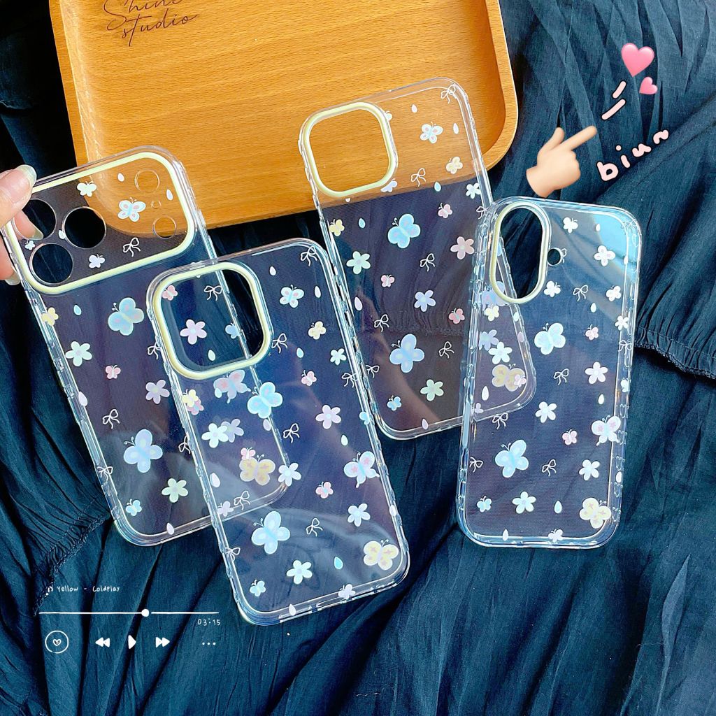 ** Ốp iPhone 17 dẻo trong viền tim bướm và hoa