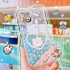 Ốp iPhone 13 6.1 dẻo trong chấm bi hồng in mặt gấu nâu