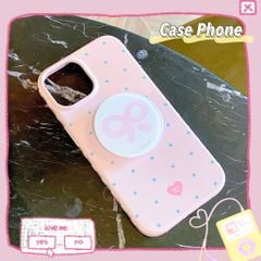** Ốp iPhone 12 Pro Max/13 Pro Max dẻo hồng chấm bi xanh kèm pop tròn