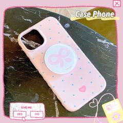 ** Ốp iPhone 15 6.1 dẻo hồng chấm bi xanh kèm pop tròn