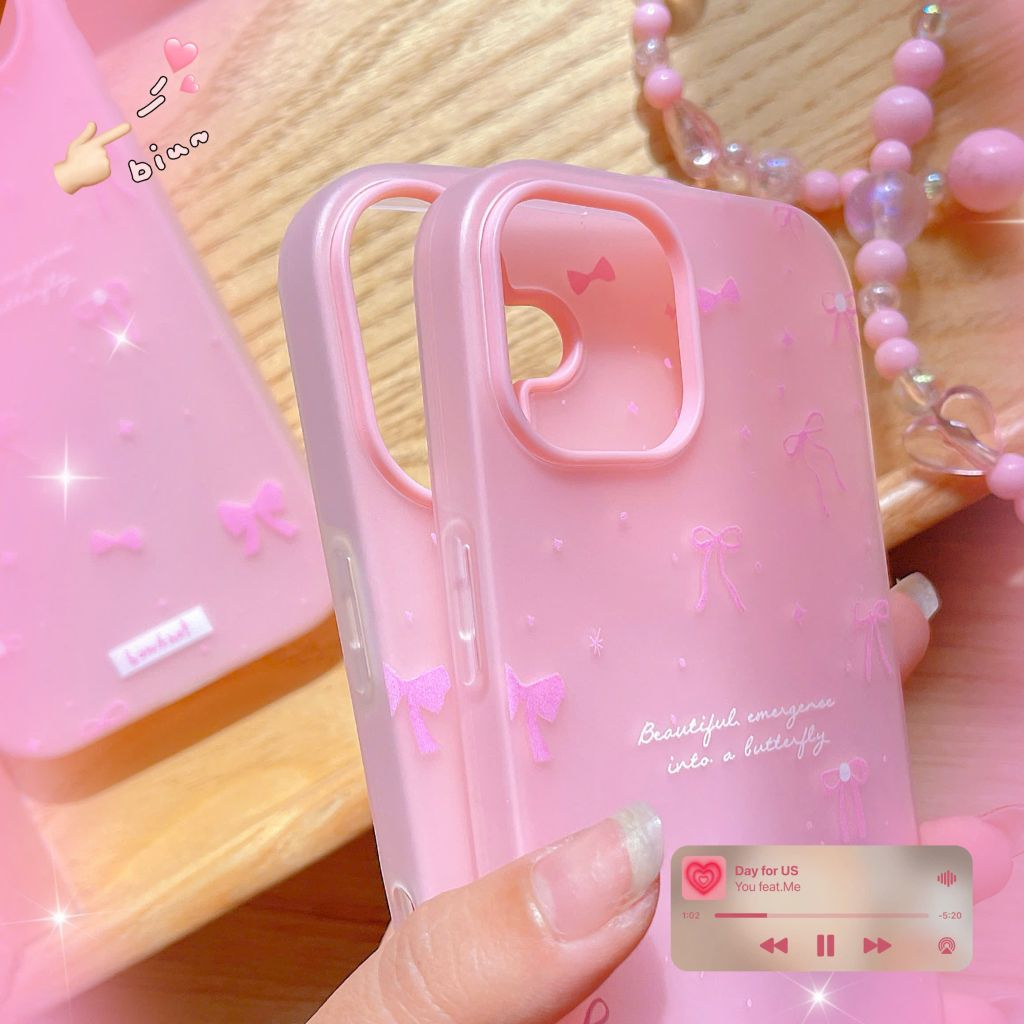Ốp iPhone 16 6.1 2 lớp nhiều nơ hồng