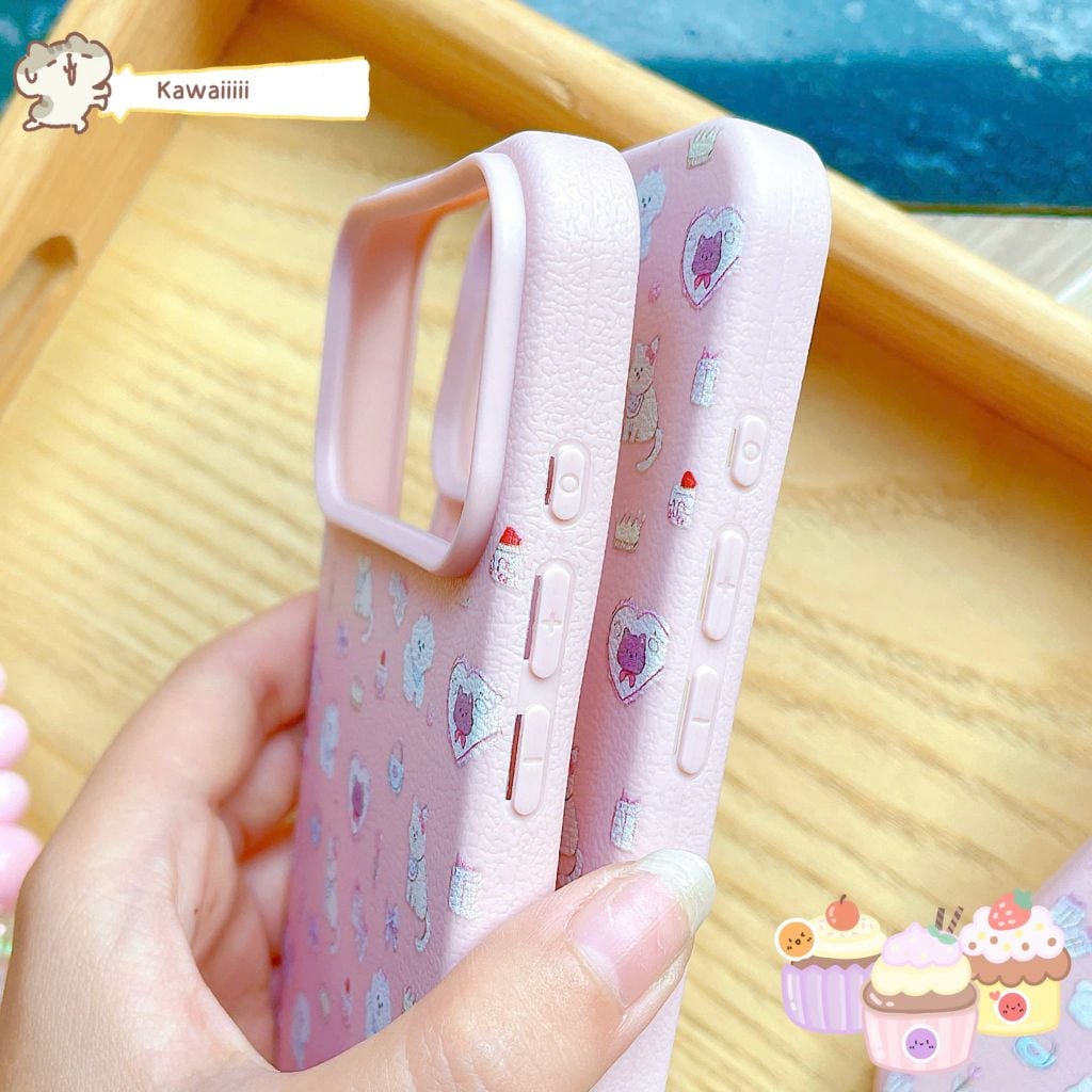 Ốp iPhone 14 vân sần cún trắng và mèo vàng nền hồng