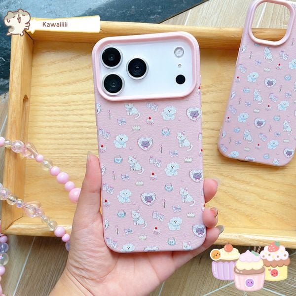 Ốp iPhone 17 Pro vân sần cún trắng và mèo vàng nền hồng