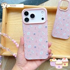 Ốp iPhone 17 Pro Max vân sần cún trắng và mèo vàng nền hồng