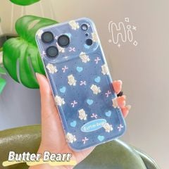 Ốp iPhone 17 Pro Max dẻo trong gấu nâu tim xanh nơ hồng