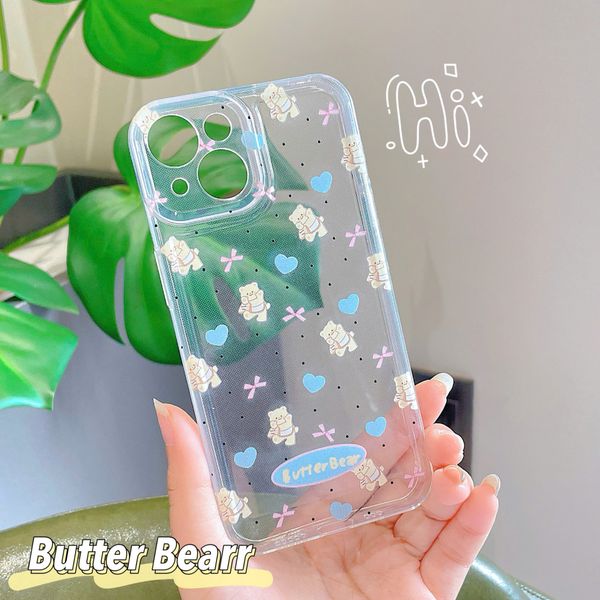 Ốp iPhone 15 6.1 dẻo trong gấu nâu tim xanh nơ hồng