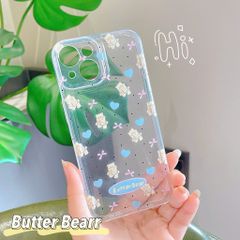 Ốp iPhone 13 6.1 dẻo trong gấu nâu tim xanh nơ hồng