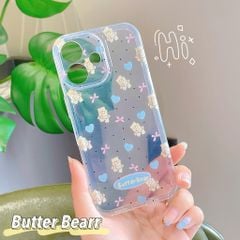 Ốp iPhone 16 Plus dẻo trong gấu nâu tim xanh nơ hồng