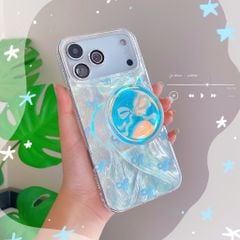 ** Ốp iPhone 17 Pro vân sóng ánh bạc nơ xanh kèm pop