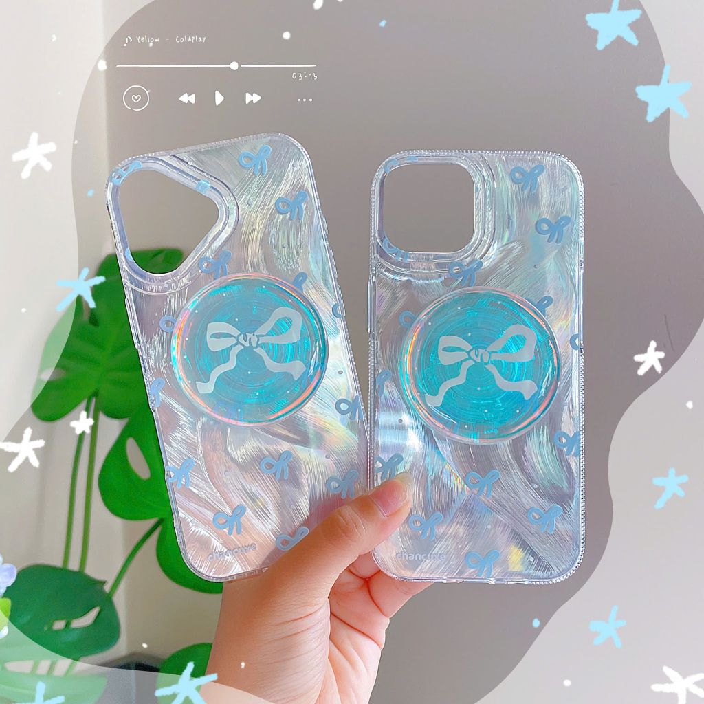 ** Ốp iPhone 11 6.1 vân sóng ánh bạc nơ xanh kèm pop
