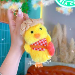 ** Móc khóa bông vịt vàng đội mũ sen đeo túi