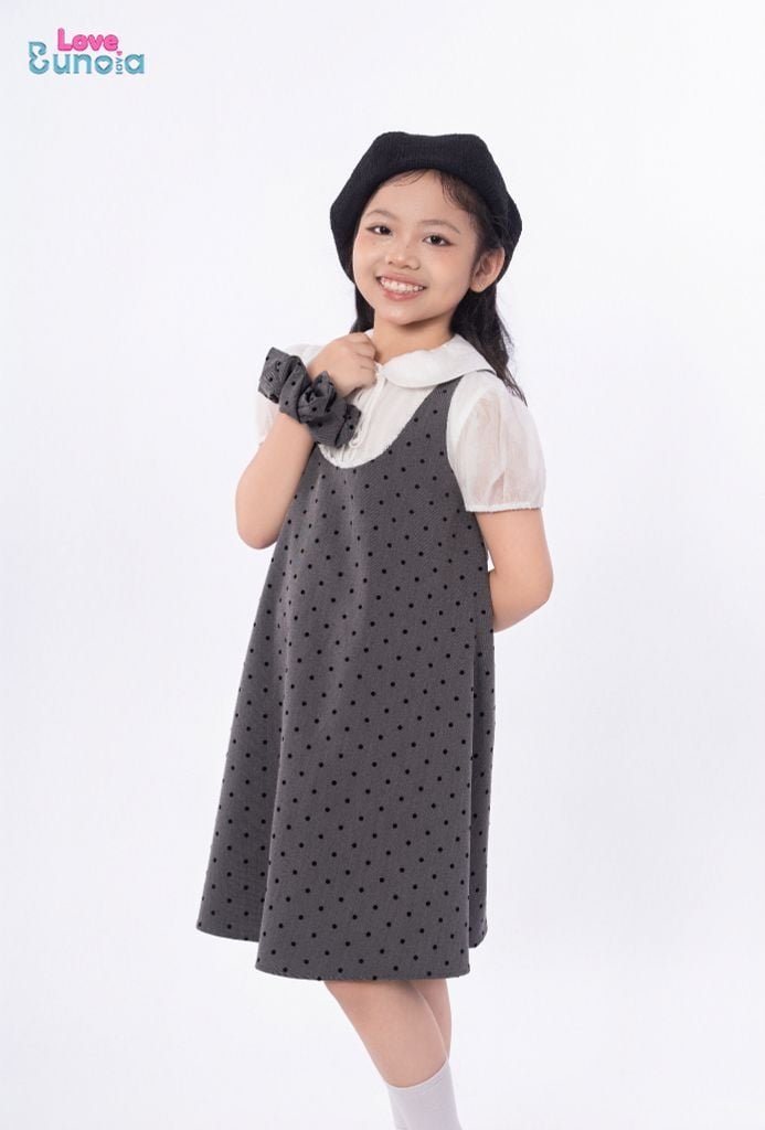 LE107/108 - Set bộ Áo sơ mi tay bồng kèm Váy chữ A chấm bi