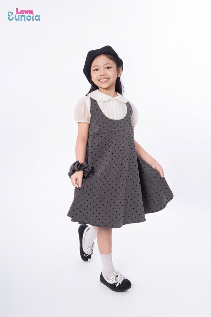 LE107/108 - Set bộ Áo sơ mi tay bồng kèm Váy chữ A chấm bi