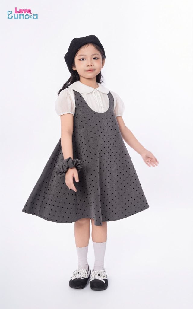 LE107/108 - Set bộ Áo sơ mi tay bồng kèm Váy chữ A chấm bi