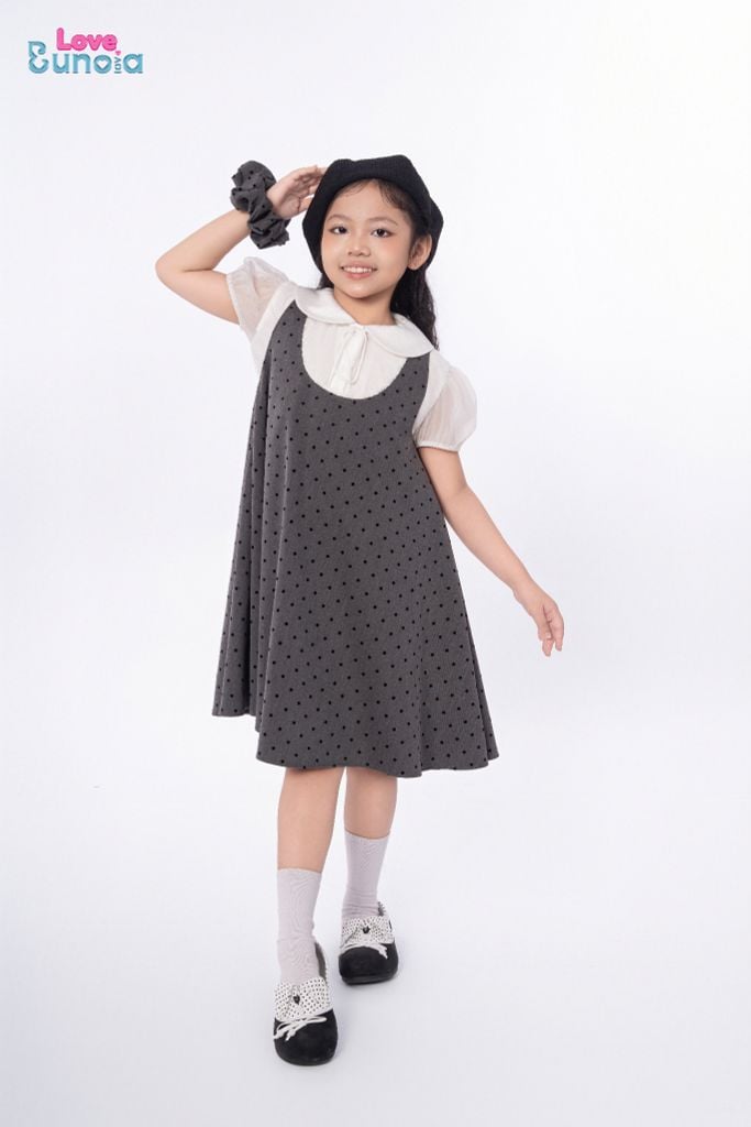 LE107/108 - Set bộ Áo sơ mi tay bồng kèm Váy chữ A chấm bi