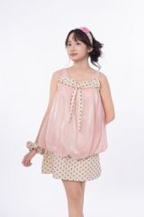 LE097/098 - Set bộ Áo bí Organza nơ mix cùng chân váy chấm bi
