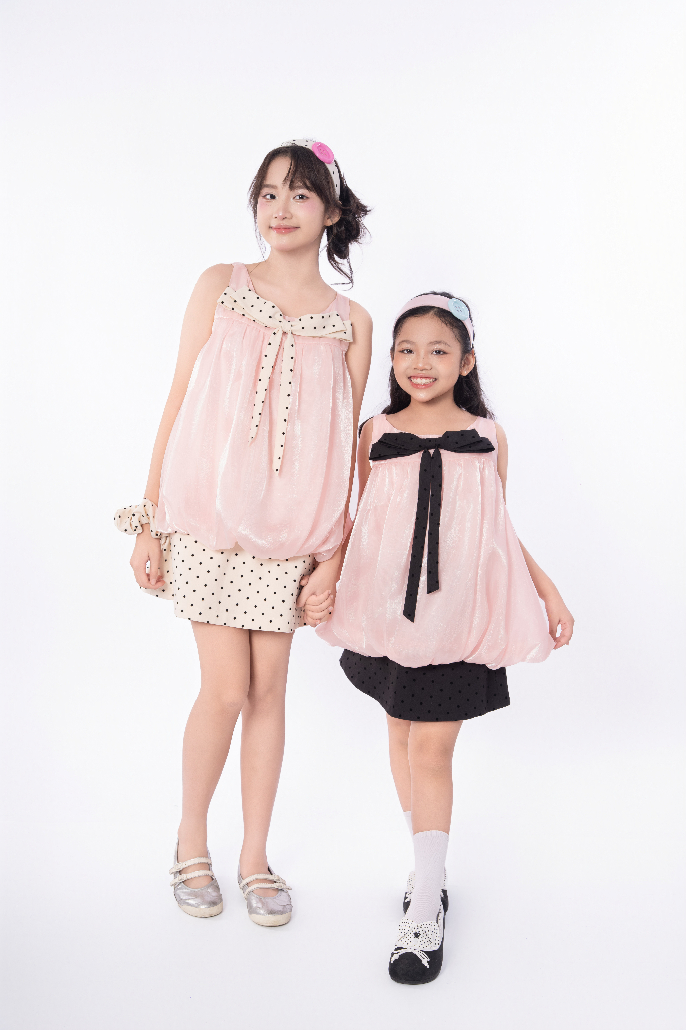 LE097/098 - Set bộ Áo bí Organza nơ mix cùng chân váy chấm bi
