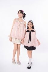LE097/098 - Set bộ Áo bí Organza nơ mix cùng chân váy chấm bi
