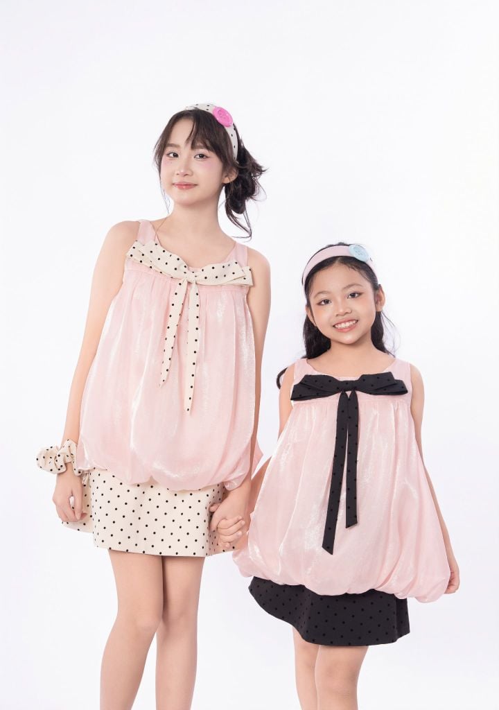 LE097/098 - Set bộ Áo bí Organza nơ mix cùng chân váy chấm bi